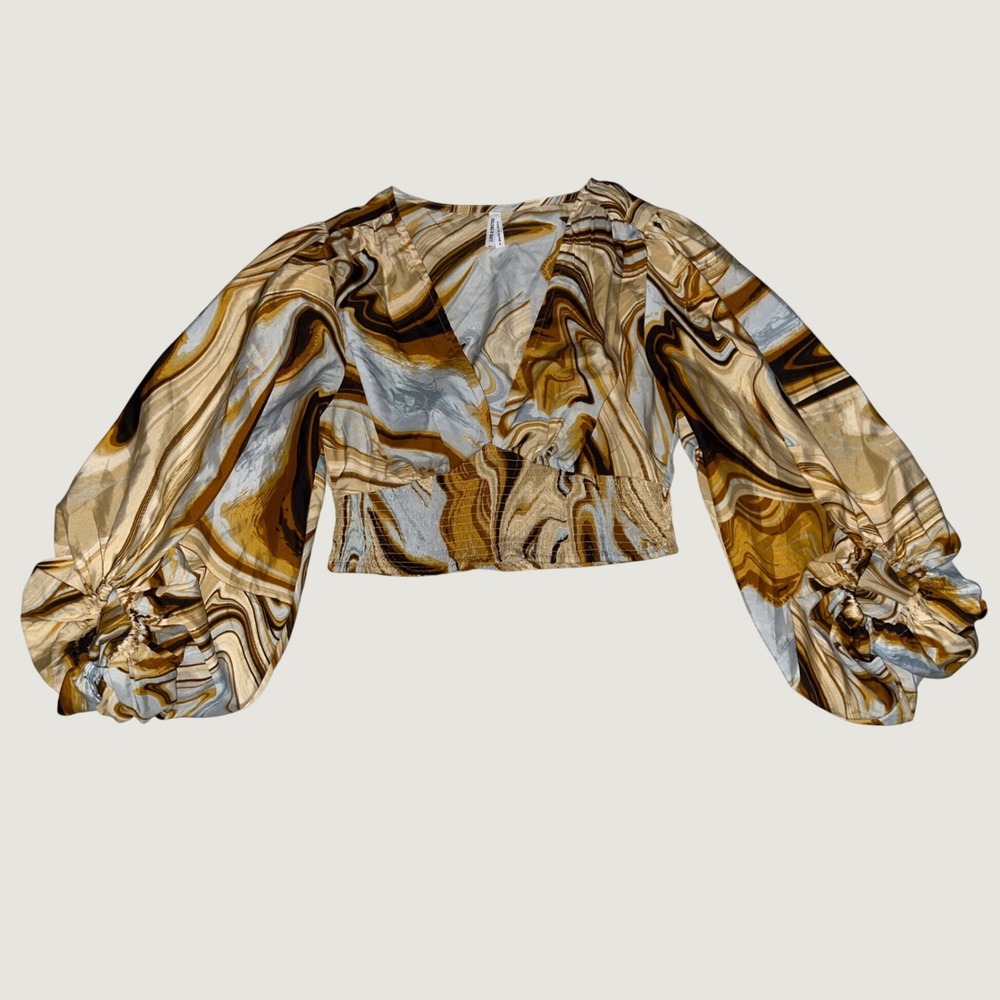 Live 4 Truth Marble Swirl Print Balloon Sleeve V-Neck Smocked Crop Top Brown L